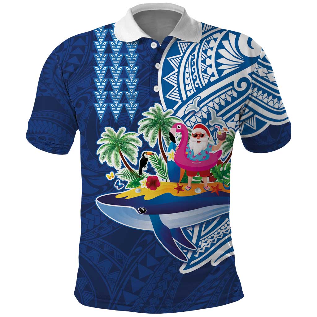 Hawaiian Mele Kalikimaka Polo Shirt Funny Santa on Whale Island with Kakau Tattoos - Polynesian Pride