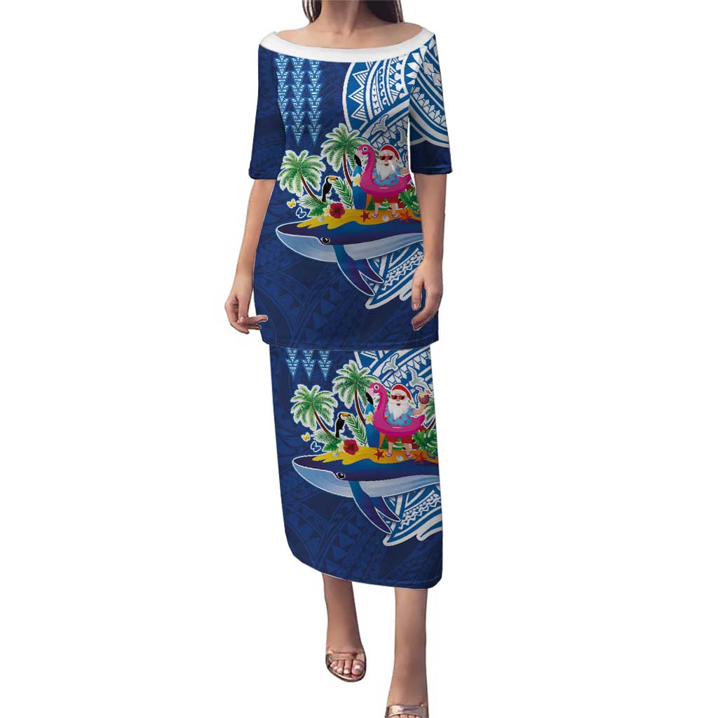 Hawaiian Mele Kalikimaka Puletasi Funny Santa on Whale Island with Kakau Tattoos - Polynesian Pride