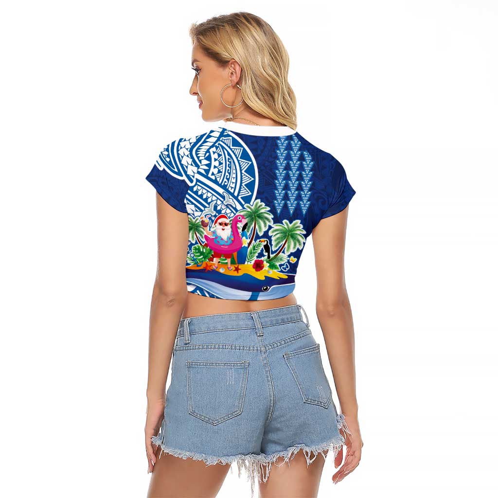 Hawaiian Mele Kalikimaka Raglan Cropped T Shirt Funny Santa on Whale Island with Kakau Tattoos - Polynesian Pride