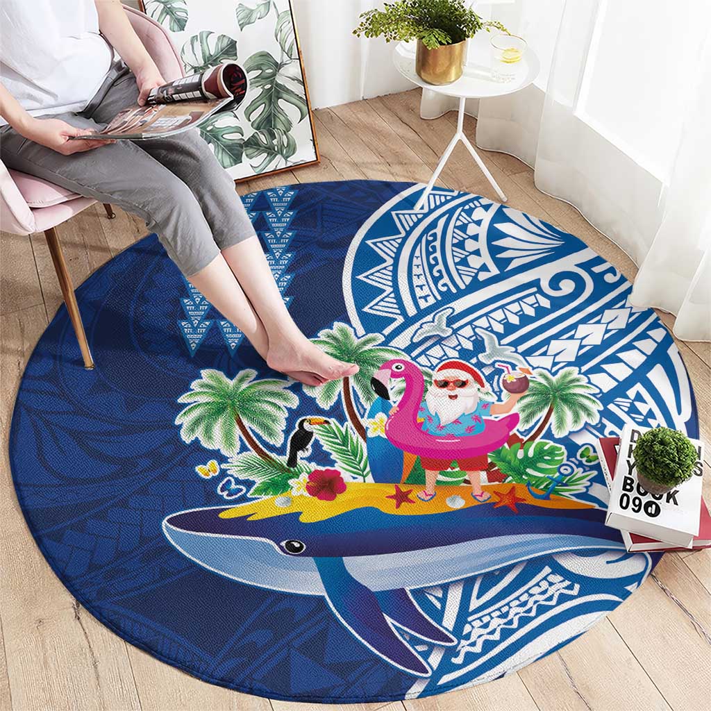 Hawaiian Mele Kalikimaka Round Carpet Funny Santa on Whale Island with Kakau Tattoos - Polynesian Pride