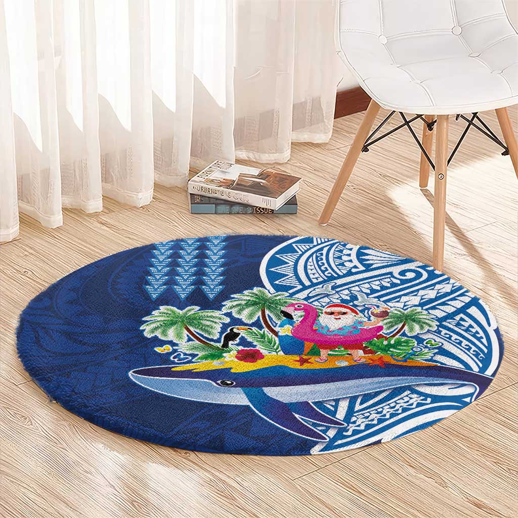 Hawaiian Mele Kalikimaka Round Carpet Funny Santa on Whale Island with Kakau Tattoos - Polynesian Pride