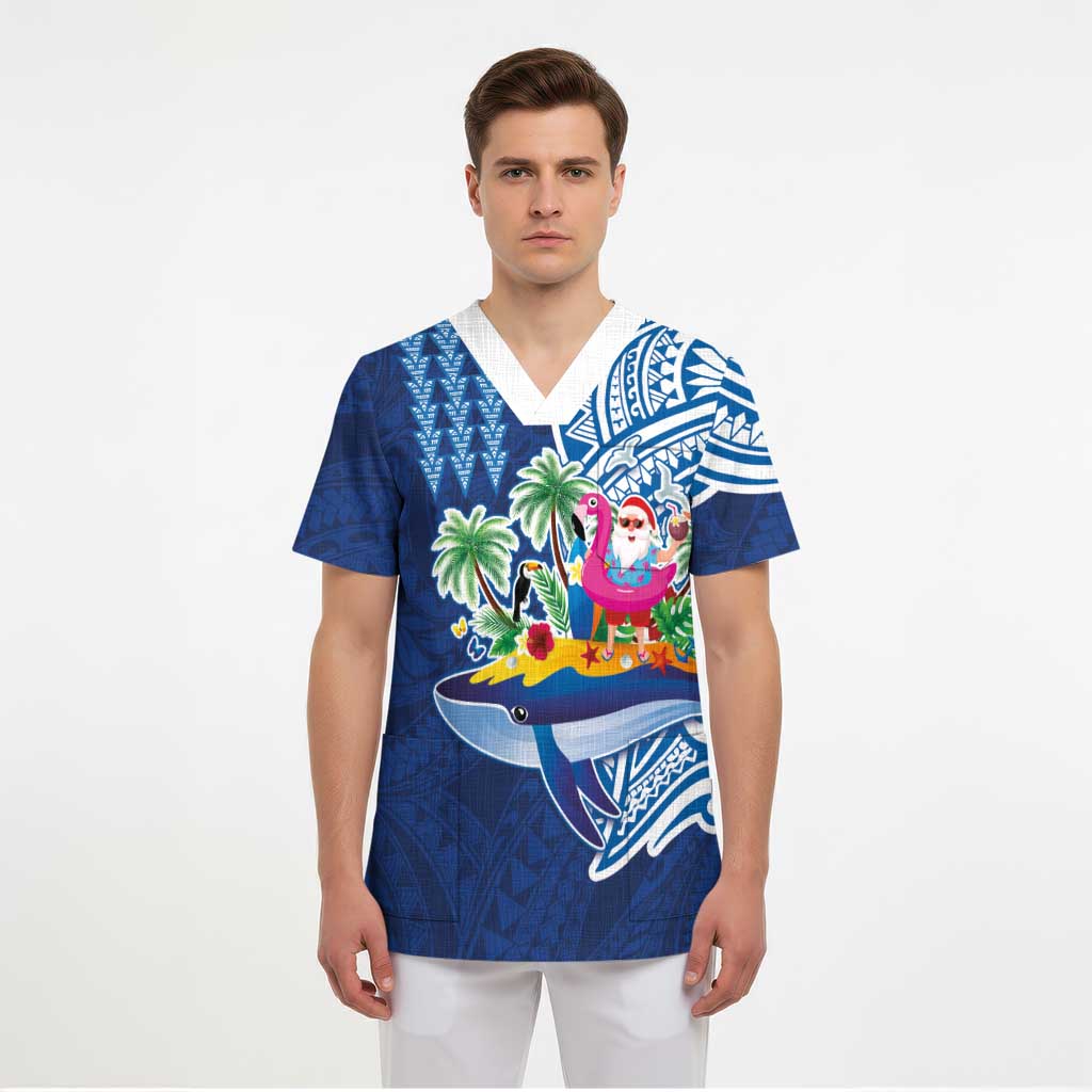 Hawaiian Mele Kalikimaka Scrub Top Funny Santa on Whale Island with Kakau Tattoos - Polynesian Pride