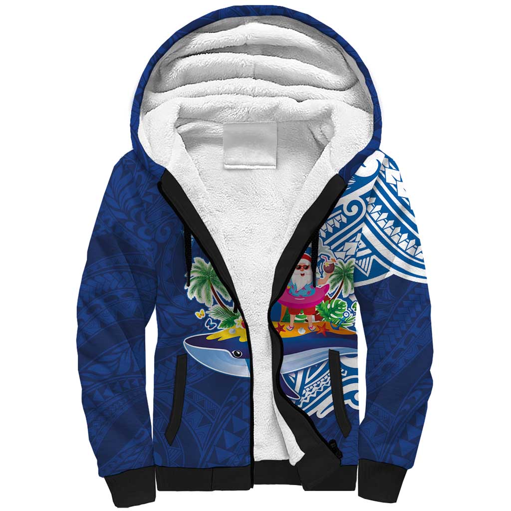 Hawaiian Mele Kalikimaka Sherpa Hoodie Funny Santa on Whale Island with Kakau Tattoos - Polynesian Pride