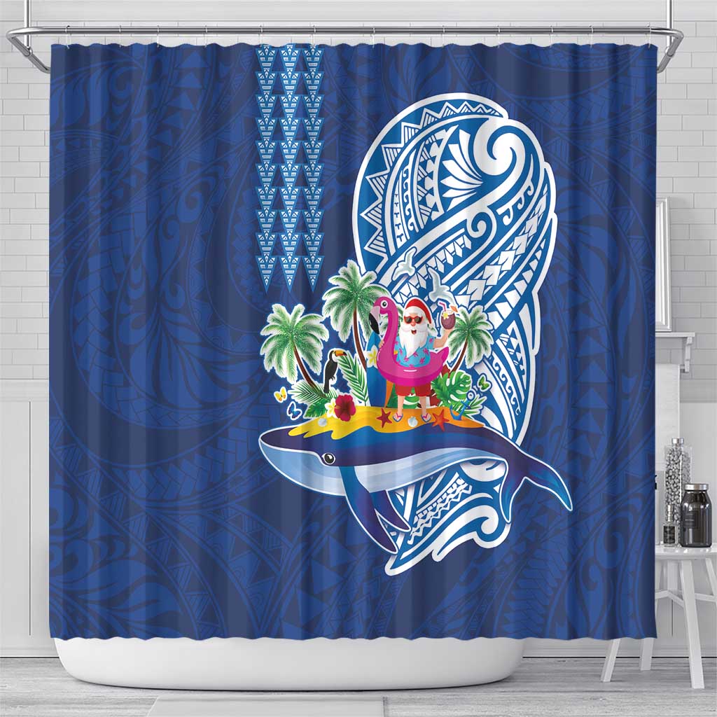 Hawaiian Mele Kalikimaka Shower Curtain Funny Santa on Whale Island with Kakau Tattoos - Polynesian Pride