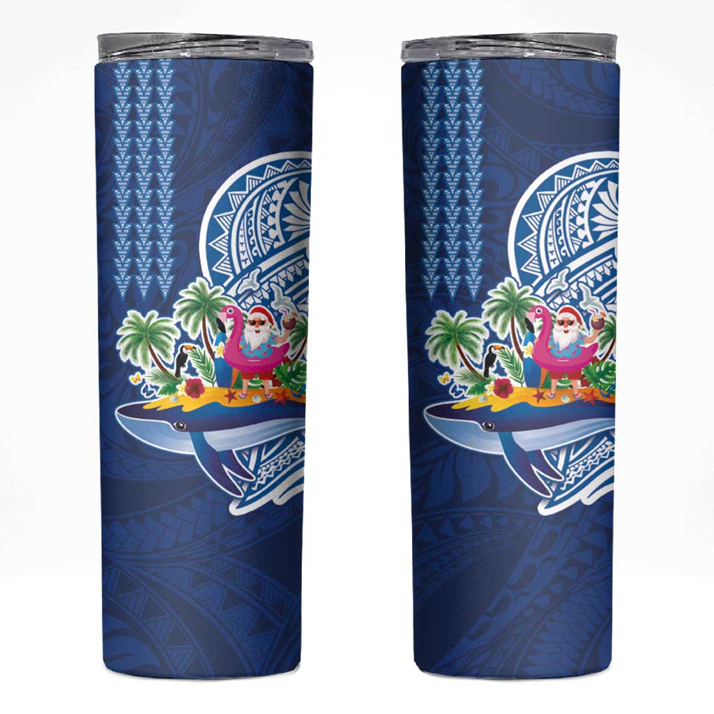 Hawaiian Mele Kalikimaka Skinny Tumbler Funny Santa on Whale Island with Kakau Tattoos - Polynesian Pride