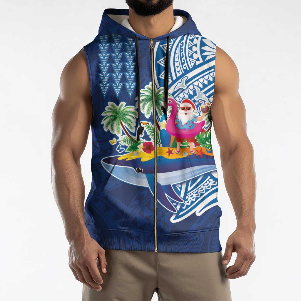 Hawaiian Mele Kalikimaka Sleeveless Zip Hoodie Funny Santa on Whale Island with Kakau Tattoos - Polynesian Pride