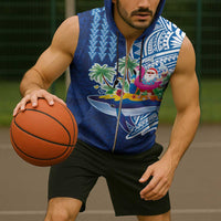 Hawaiian Mele Kalikimaka Sleeveless Zip Hoodie Funny Santa on Whale Island with Kakau Tattoos - Polynesian Pride