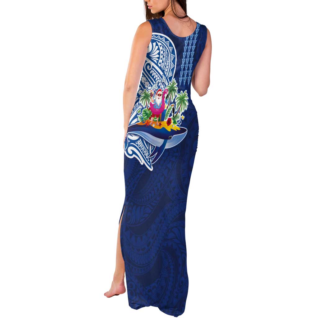 Hawaiian Mele Kalikimaka Tank Maxi Dress Funny Santa on Whale Island with Kakau Tattoos - Polynesian Pride