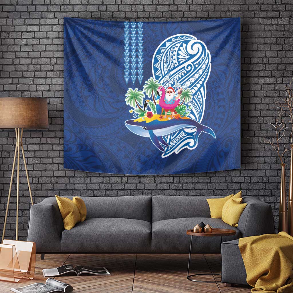 Hawaiian Mele Kalikimaka Tapestry Funny Santa on Whale Island with Kakau Tattoos - Polynesian Pride