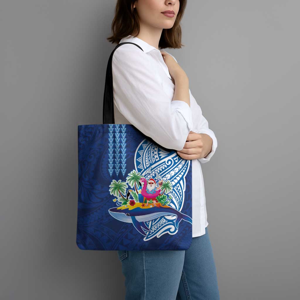 Hawaiian Mele Kalikimaka Tote Bag Funny Santa on Whale Island with Kakau Tattoos - Polynesian Pride
