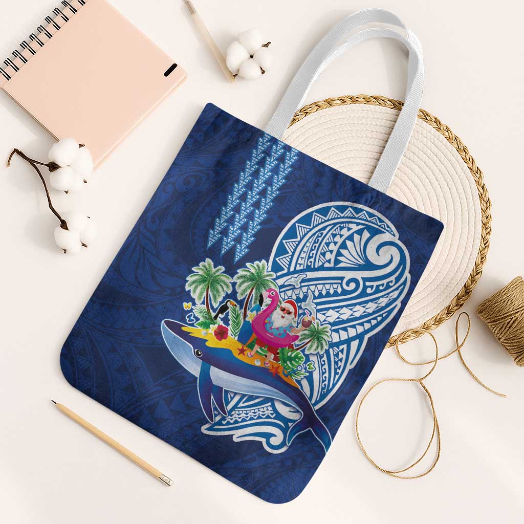 Hawaiian Mele Kalikimaka Tote Bag Funny Santa on Whale Island with Kakau Tattoos - Polynesian Pride
