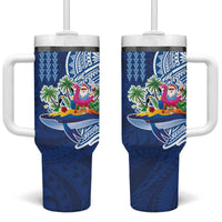 Hawaiian Mele Kalikimaka Tumbler With Handle Funny Santa on Whale Island with Kakau Tattoos - Polynesian Pride
