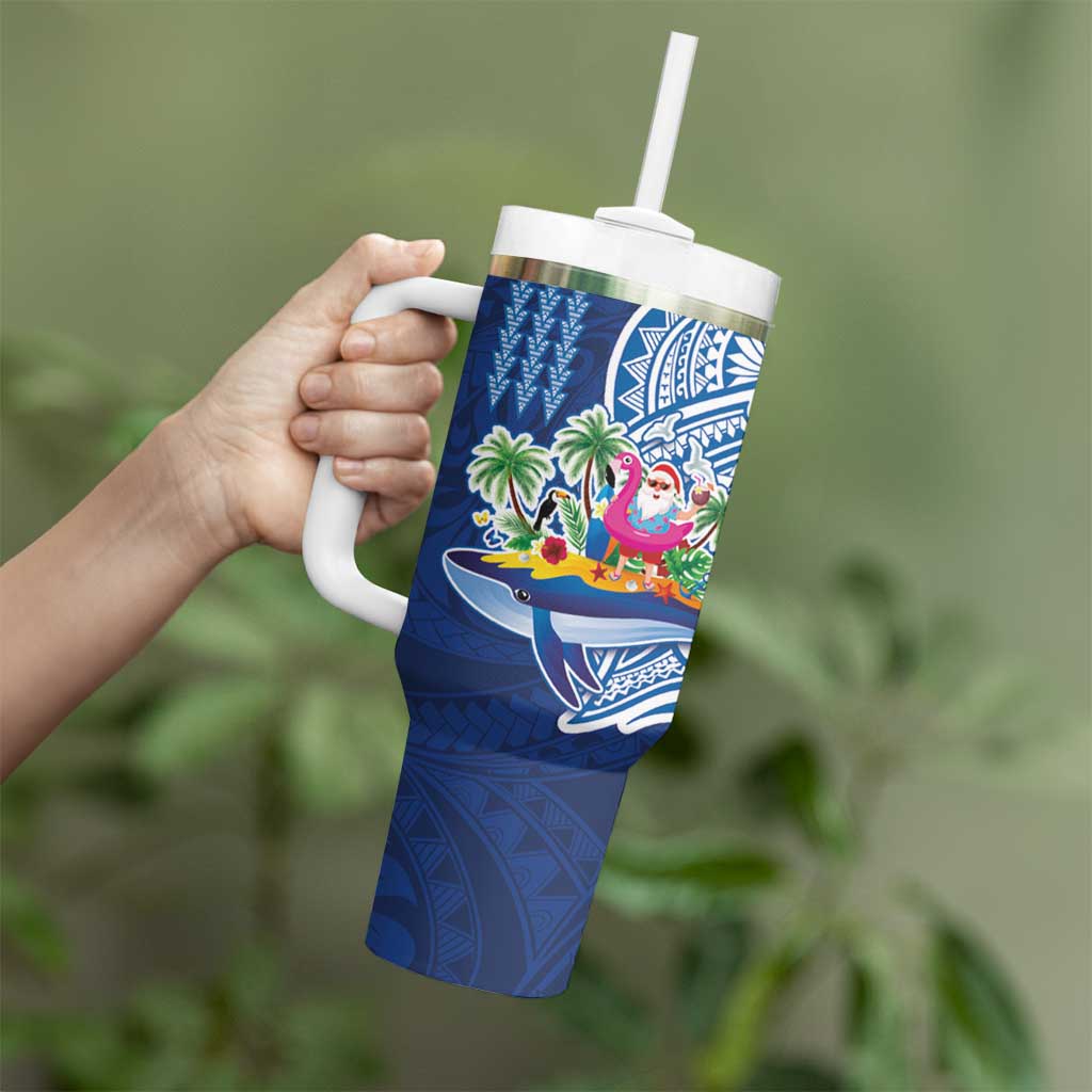 Hawaiian Mele Kalikimaka Tumbler With Handle Funny Santa on Whale Island with Kakau Tattoos - Polynesian Pride