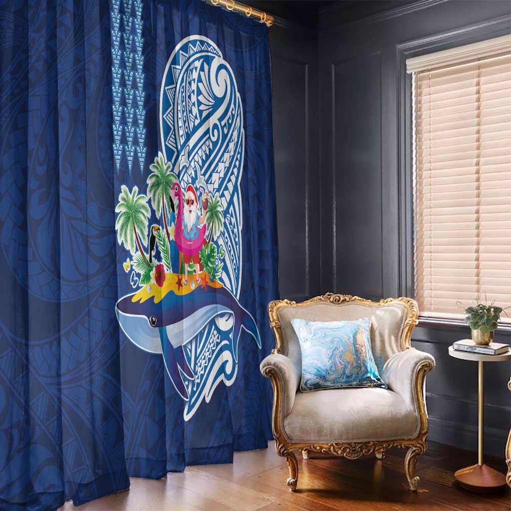 Hawaiian Mele Kalikimaka Window Curtain Funny Santa on Whale Island with Kakau Tattoos - Polynesian Pride