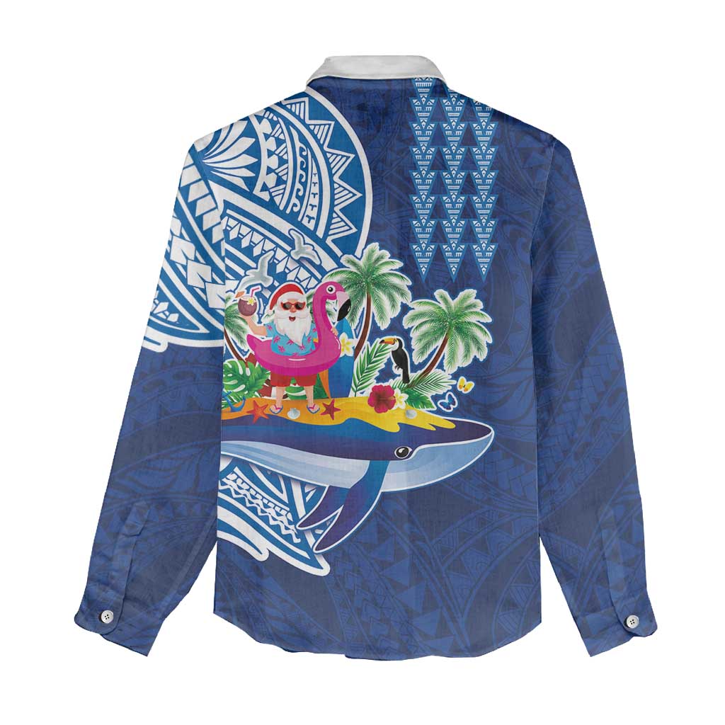 Hawaiian Mele Kalikimaka Women Casual Shirt Funny Santa on Whale Island with Kakau Tattoos - Polynesian Pride