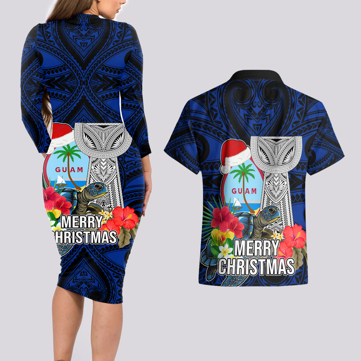 Guam Christmas Couples Matching Long Sleeve Bodycon Dress and Hawaiian Shirt Santa Gift Latte Stone and Sea Turle Mix Hibiscus Chamorro Blue Style LT03 - Polynesian Pride