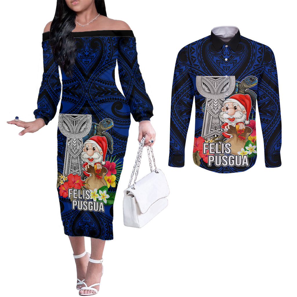 Guam Christmas Couples Matching Off The Shoulder Long Sleeve Dress and Long Sleeve Button Shirt Santa Gift Latte Stone and Sea Turle Mix Hibiscus Chamorro Blue Style LT03