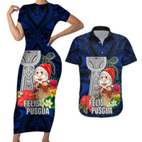 Guam Christmas Couples Matching Short Sleeve Bodycon Dress and Hawaiian Shirt Santa Gift Latte Stone and Sea Turle Mix Hibiscus Chamorro Blue Style LT03 Blue - Polynesian Pride