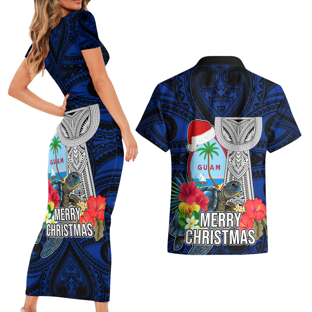 Guam Christmas Couples Matching Short Sleeve Bodycon Dress and Hawaiian Shirt Santa Gift Latte Stone and Sea Turle Mix Hibiscus Chamorro Blue Style LT03 - Polynesian Pride
