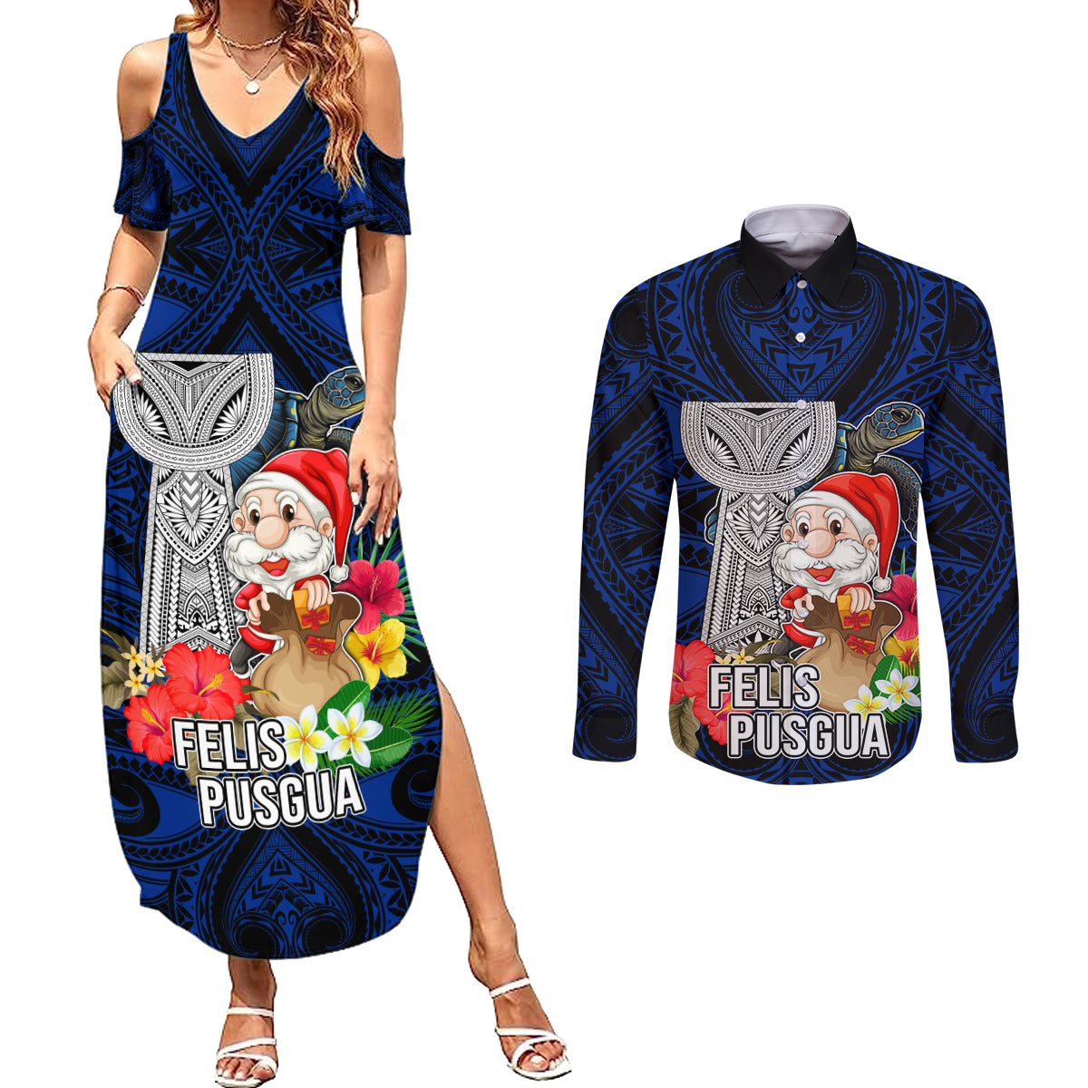 Guam Christmas Couples Matching Summer Maxi Dress and Long Sleeve Button Shirt Santa Gift Latte Stone and Sea Turle Mix Hibiscus Chamorro Blue Style LT03