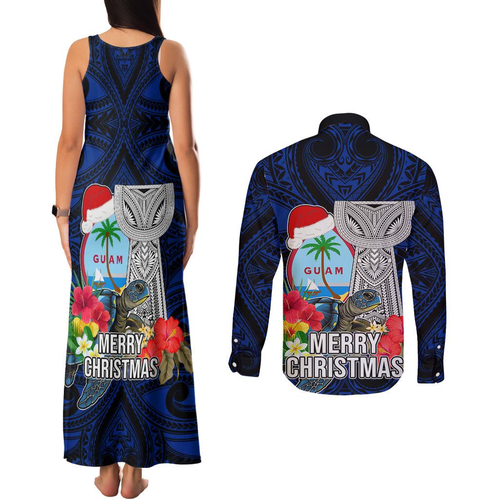 Guam Christmas Couples Matching Tank Maxi Dress and Long Sleeve Button Shirt Santa Gift Latte Stone and Sea Turle Mix Hibiscus Chamorro Blue Style LT03