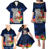 Guam Christmas Family Matching Puletasi Dress and Hawaiian Shirt Santa Gift Latte Stone and Sea Turle Mix Hibiscus Chamorro Blue Style LT03 - Polynesian Pride