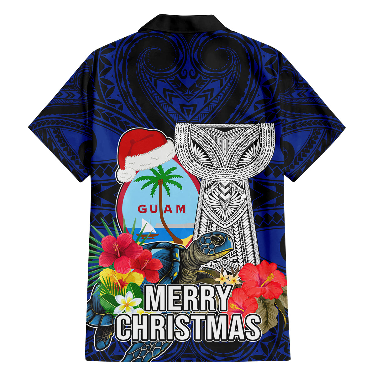 Guam Christmas Family Matching Puletasi Dress and Hawaiian Shirt Santa Gift Latte Stone and Sea Turle Mix Hibiscus Chamorro Blue Style LT03 - Polynesian Pride