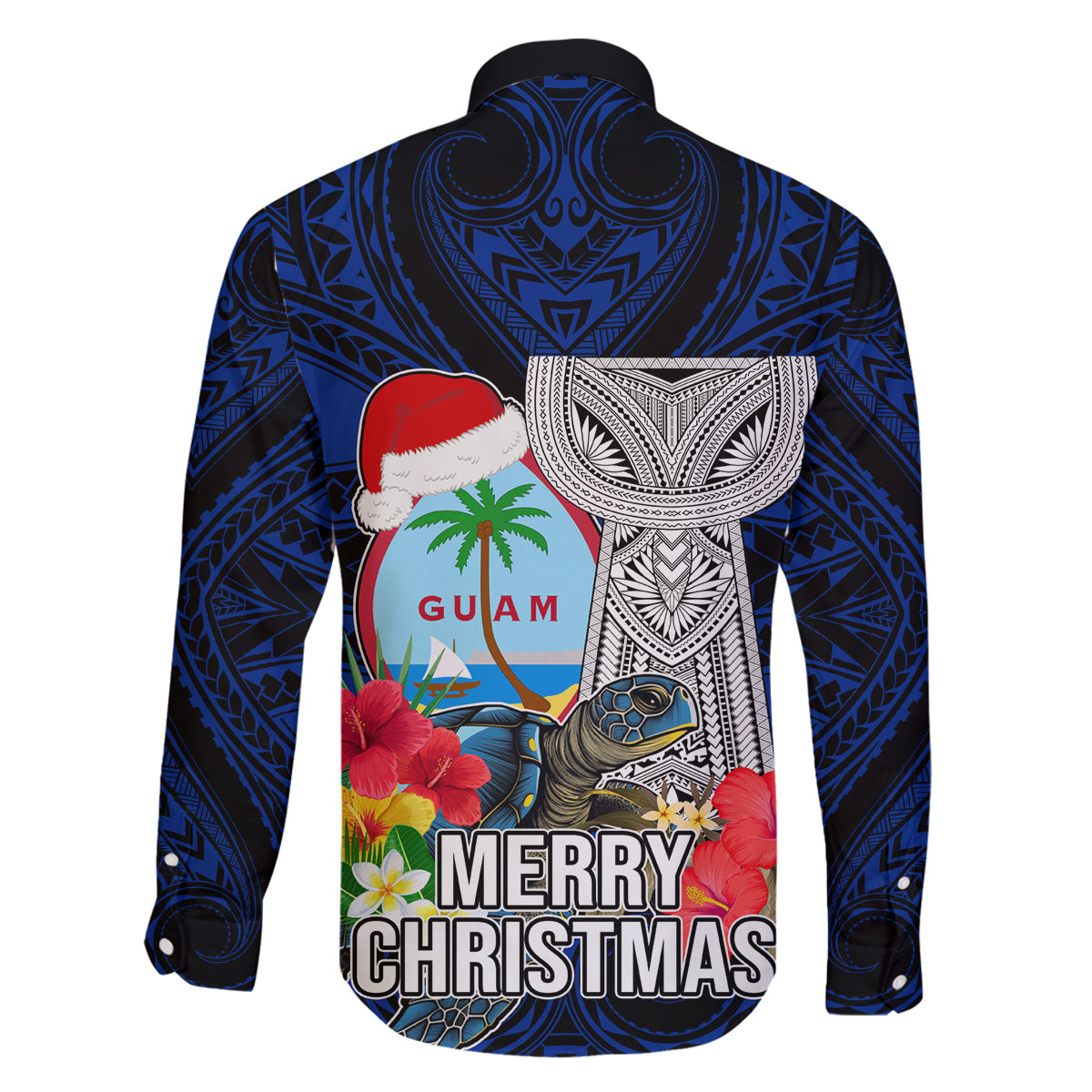 Guam Christmas Family Matching Puletasi Dress and Hawaiian Shirt Santa Gift Latte Stone and Sea Turle Mix Hibiscus Chamorro Blue Style LT03 - Polynesian Pride
