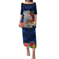 Guam Christmas Family Matching Puletasi Dress and Hawaiian Shirt Santa Gift Latte Stone and Sea Turle Mix Hibiscus Chamorro Blue Style LT03 Mom's Dress Blue - Polynesian Pride