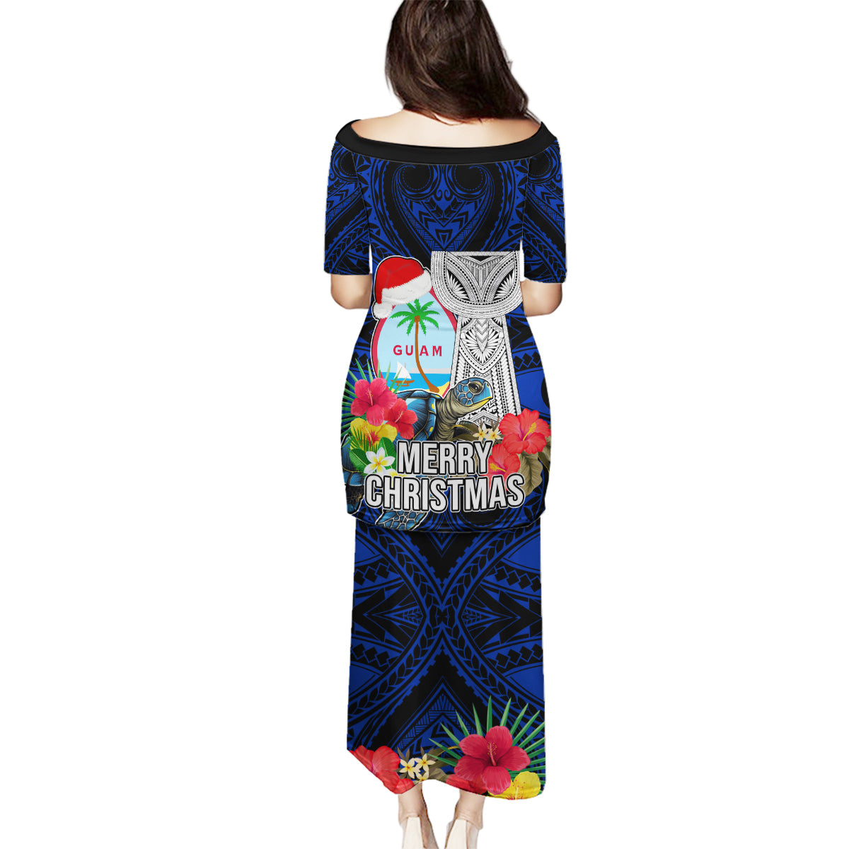 Guam Christmas Family Matching Puletasi Dress and Hawaiian Shirt Santa Gift Latte Stone and Sea Turle Mix Hibiscus Chamorro Blue Style LT03 - Polynesian Pride