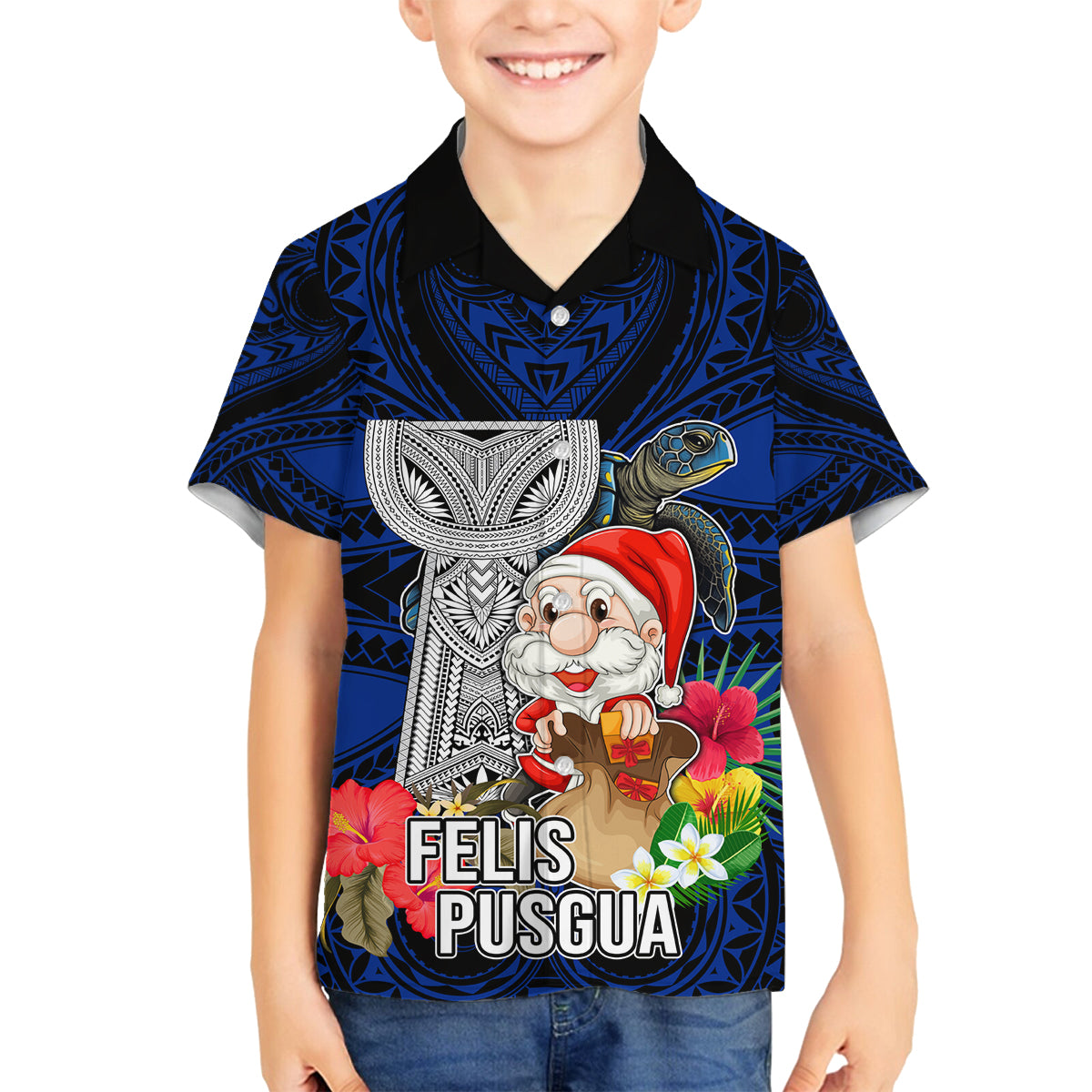 Guam Christmas Family Matching Puletasi Dress and Hawaiian Shirt Santa Gift Latte Stone and Sea Turle Mix Hibiscus Chamorro Blue Style LT03 Son's Shirt Blue - Polynesian Pride