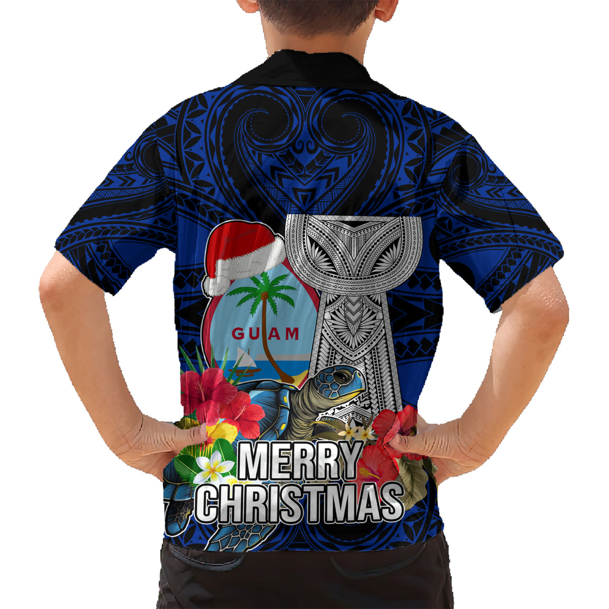 Guam Christmas Family Matching Short Sleeve Bodycon Dress and Hawaiian Shirt Santa Gift Latte Stone and Sea Turle Mix Hibiscus Chamorro Blue Style LT03 - Polynesian Pride