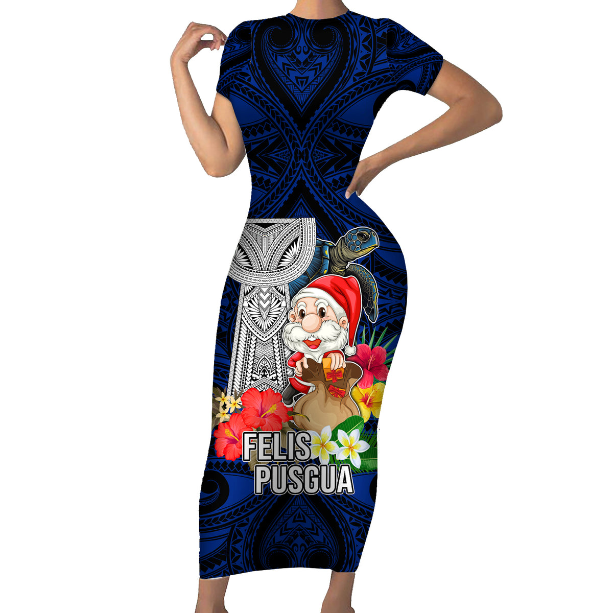 Guam Christmas Family Matching Short Sleeve Bodycon Dress and Hawaiian Shirt Santa Gift Latte Stone and Sea Turle Mix Hibiscus Chamorro Blue Style LT03 Mom's Dress Blue - Polynesian Pride