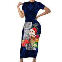 Guam Christmas Family Matching Short Sleeve Bodycon Dress and Hawaiian Shirt Santa Gift Latte Stone and Sea Turle Mix Hibiscus Chamorro Blue Style LT03 Mom's Dress Blue - Polynesian Pride