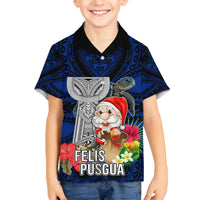 Guam Christmas Family Matching Short Sleeve Bodycon Dress and Hawaiian Shirt Santa Gift Latte Stone and Sea Turle Mix Hibiscus Chamorro Blue Style LT03 Son's Shirt Blue - Polynesian Pride