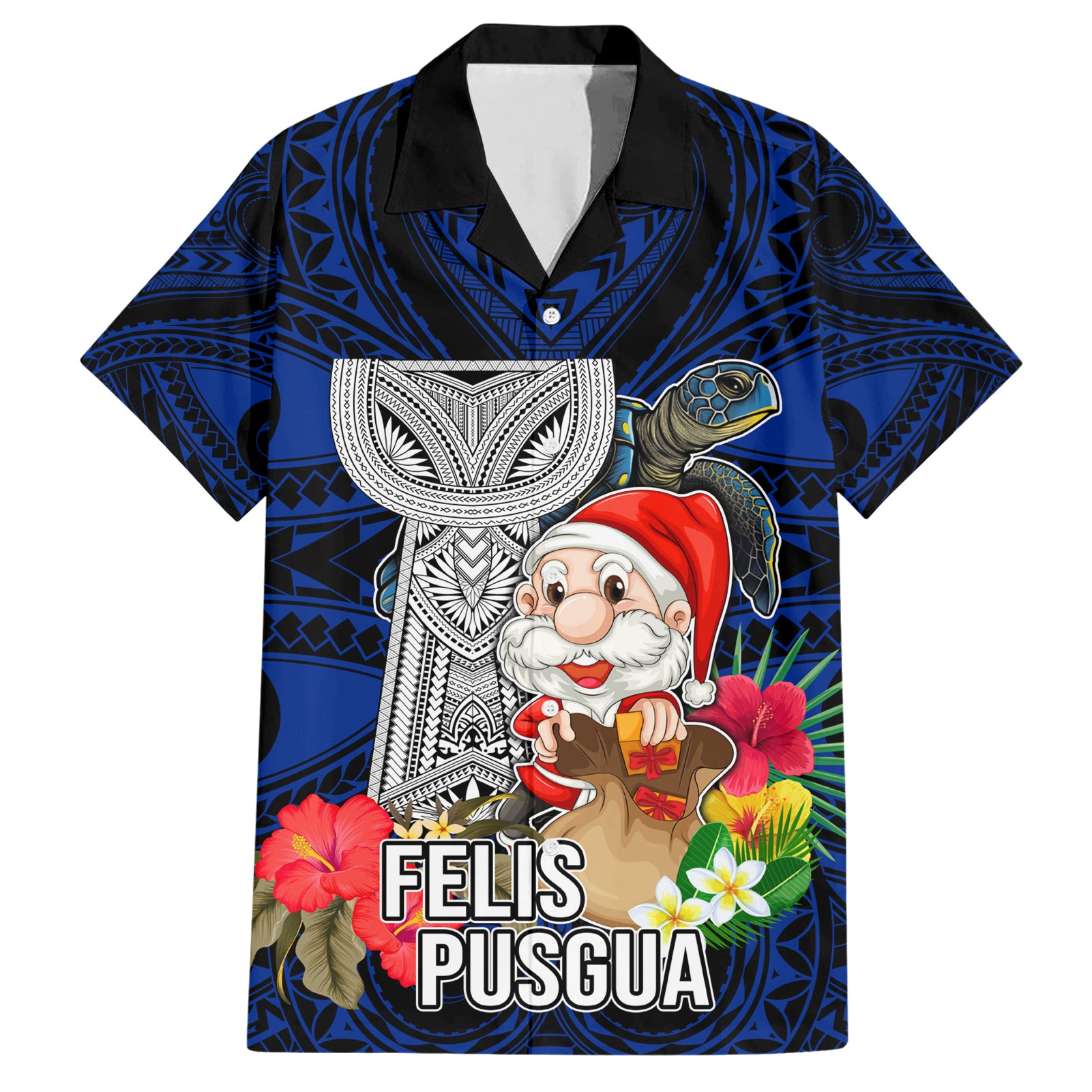 Guam Christmas Hawaiian Shirt Santa Gift Latte Stone and Sea Turle Mix Hibiscus Chamorro Blue Style LT03