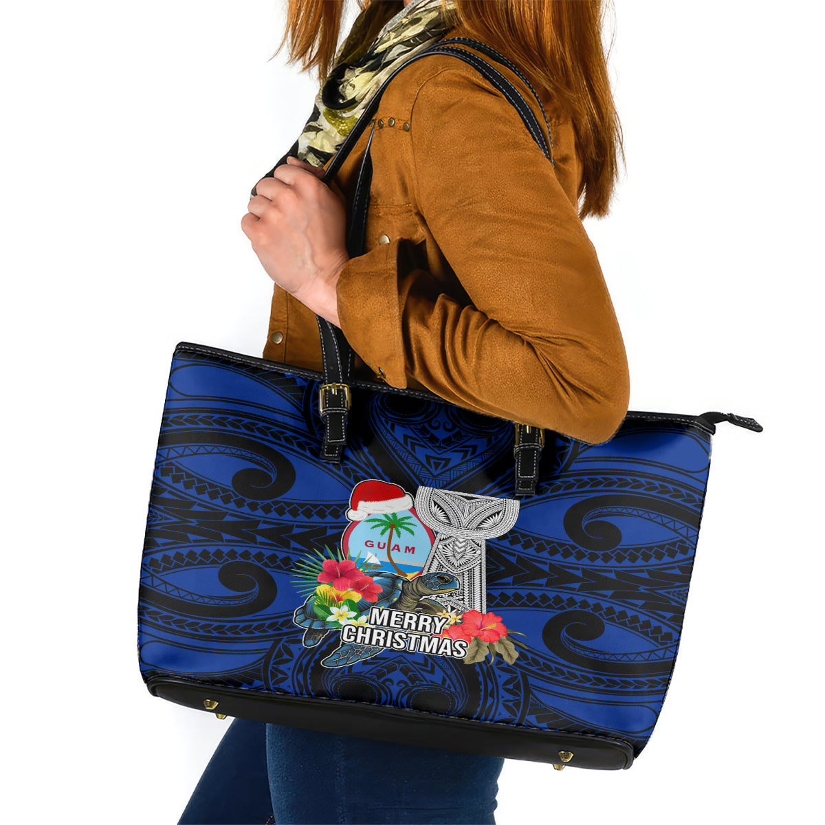 Guam Christmas Leather Tote Bag Santa Gift Latte Stone and Sea Turle Mix Hibiscus Chamorro Blue Style LT03