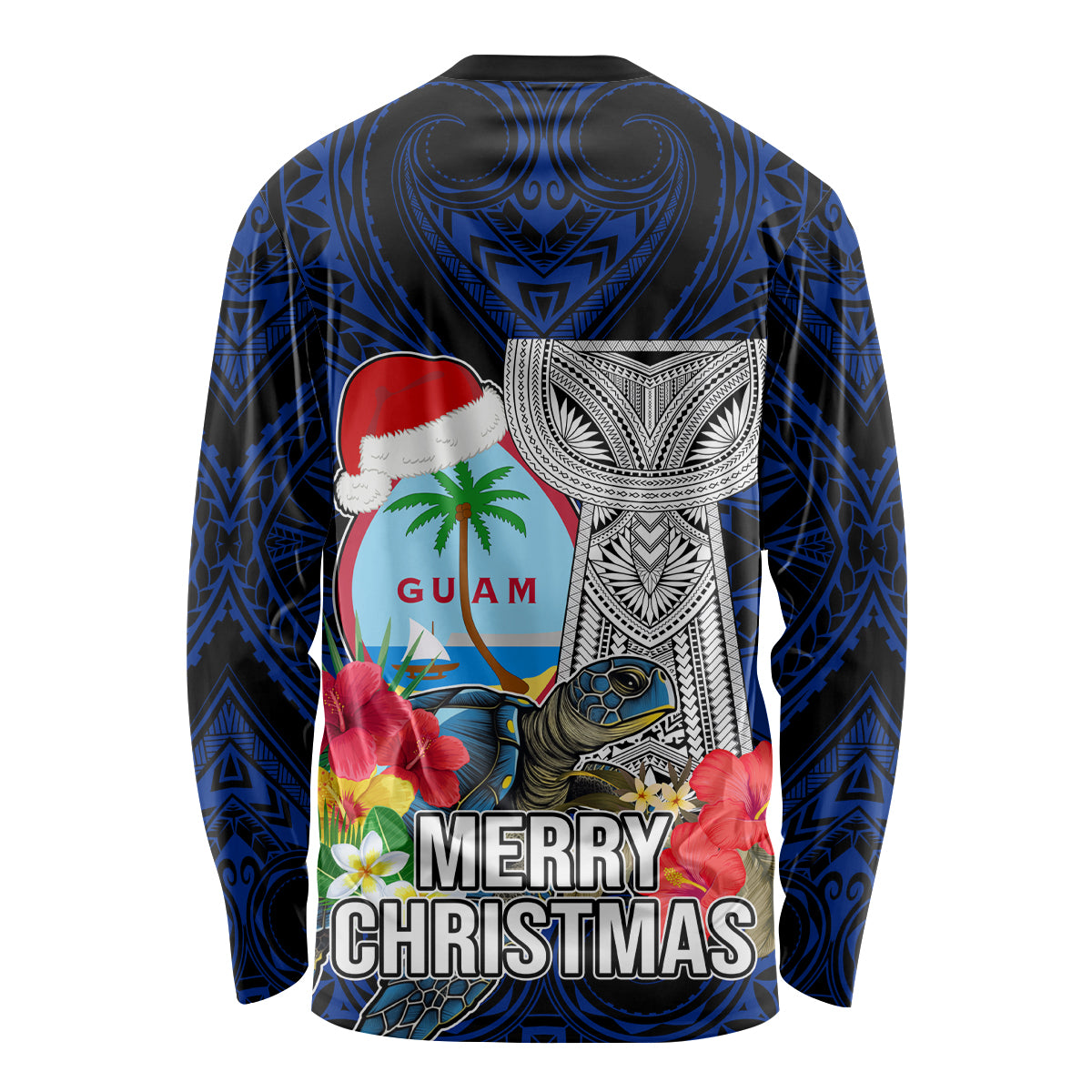 Guam Christmas Long Sleeve Shirt Santa Gift Latte Stone and Sea Turle Mix Hibiscus Chamorro Blue Style LT03