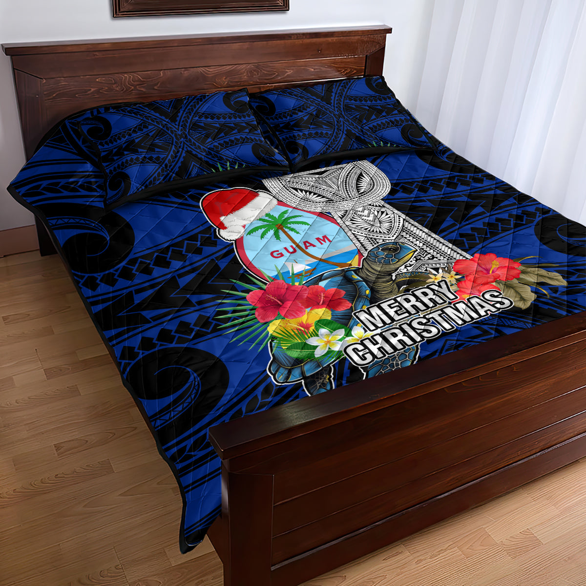 Guam Christmas Quilt Bed Set Santa Gift Latte Stone and Sea Turle Mix Hibiscus Chamorro Blue Style LT03