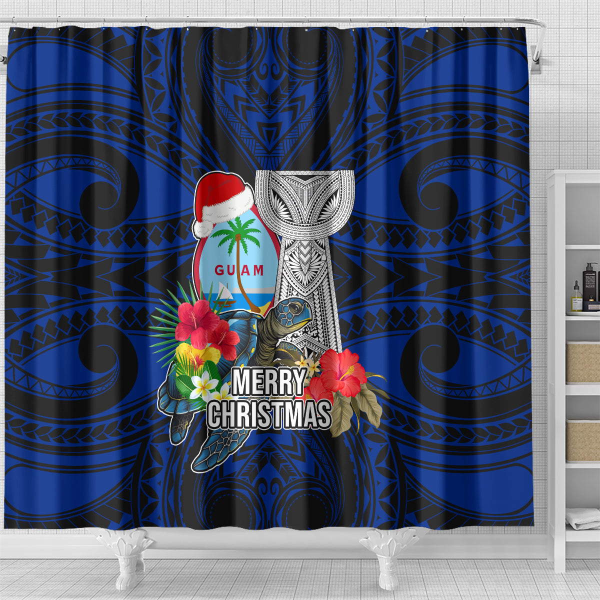 Guam Christmas Shower Curtain Santa Gift Latte Stone and Sea Turle Mix Hibiscus Chamorro Blue Style LT03