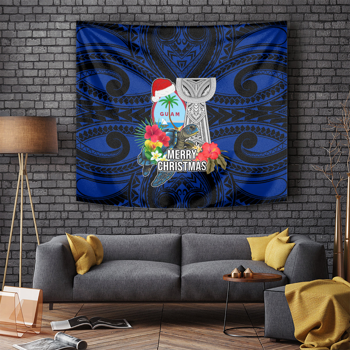 Guam Christmas Tapestry Santa Gift Latte Stone and Sea Turle Mix Hibiscus Chamorro Blue Style LT03