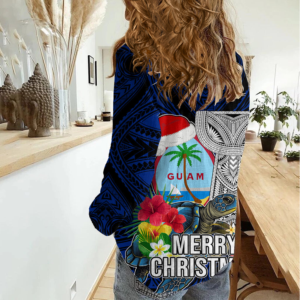 Guam Christmas Women Casual Shirt Santa Gift Latte Stone and Sea Turle Mix Hibiscus Chamorro Blue Style LT03 - Polynesian Pride