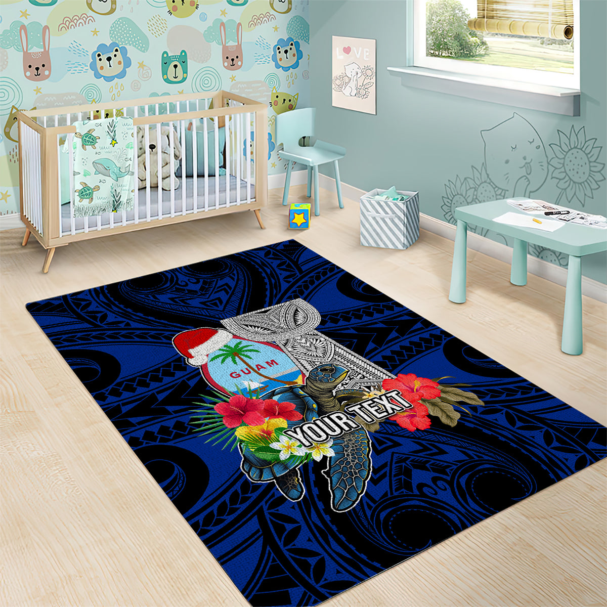 Custom Guam Christmas Area Rug Santa Gift Latte Stone and Sea Turle Mix Hibiscus Chamorro Blue Style LT03