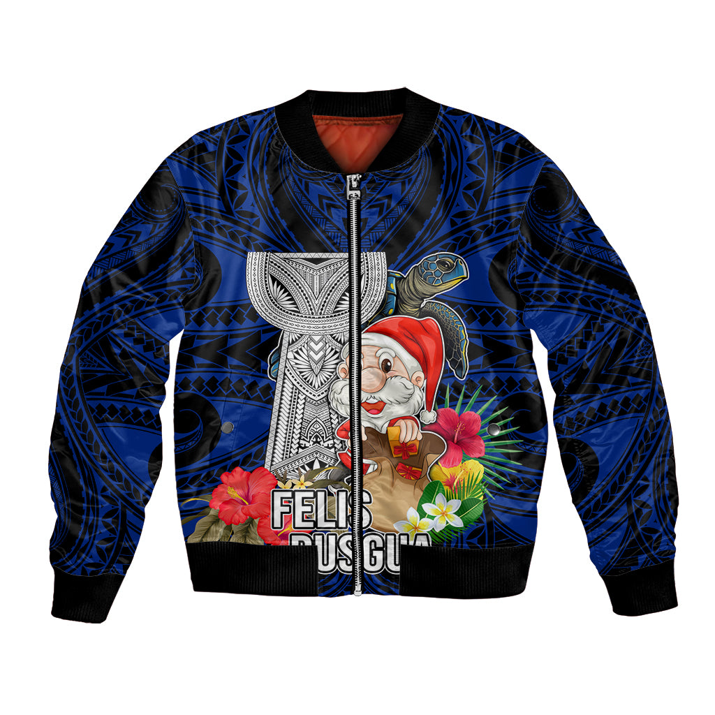 Custom Guam Christmas Bomber Jacket Santa Gift Latte Stone and Sea Turle Mix Hibiscus Chamorro Blue Style LT03