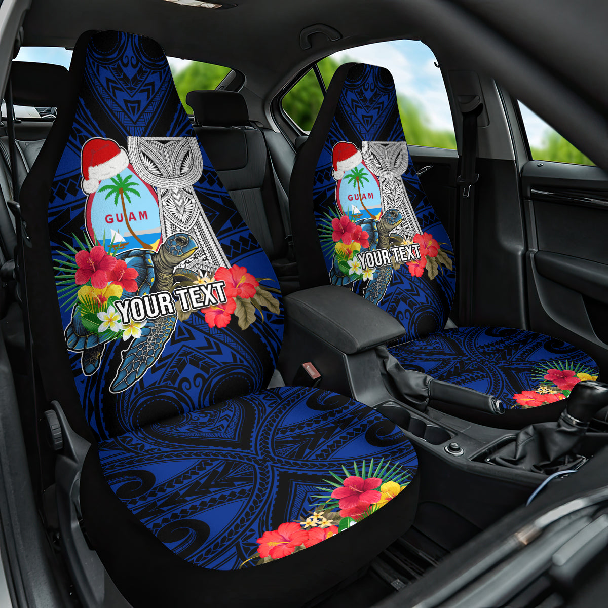 Custom Guam Christmas Car Seat Cover Santa Gift Latte Stone and Sea Turle Mix Hibiscus Chamorro Blue Style LT03