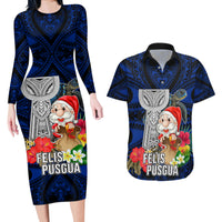 Custom Guam Christmas Couples Matching Long Sleeve Bodycon Dress and Hawaiian Shirt Santa Gift Latte Stone and Sea Turle Mix Hibiscus Chamorro Blue Style LT03 Blue - Polynesian Pride
