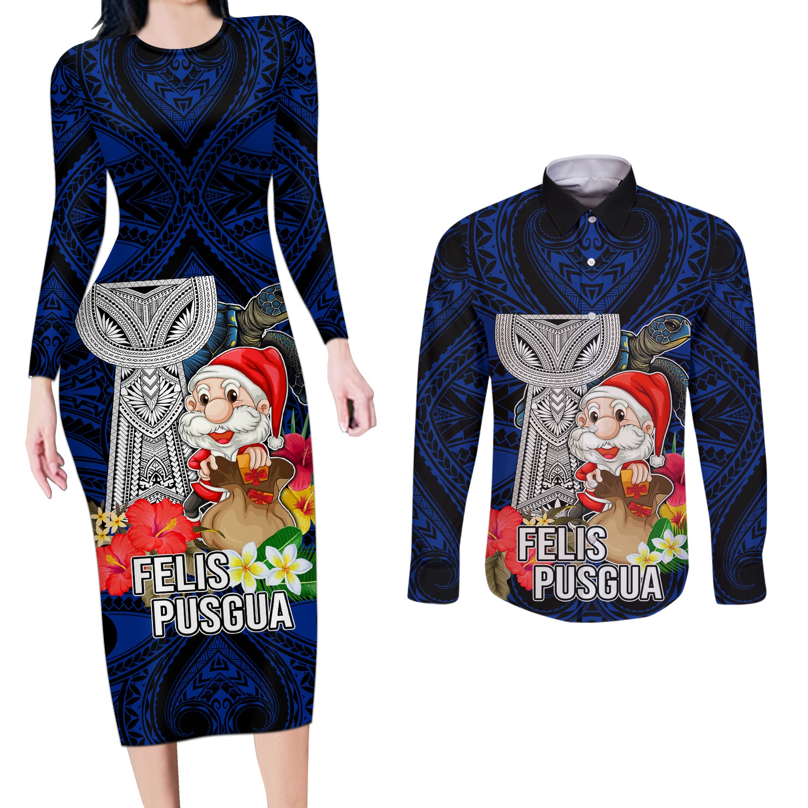Custom Guam Christmas Couples Matching Long Sleeve Bodycon Dress and Long Sleeve Button Shirt Santa Gift Latte Stone and Sea Turle Mix Hibiscus Chamorro Blue Style LT03
