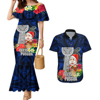 Custom Guam Christmas Couples Matching Mermaid Dress and Hawaiian Shirt Santa Gift Latte Stone and Sea Turle Mix Hibiscus Chamorro Blue Style LT03 Blue - Polynesian Pride