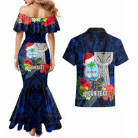 Custom Guam Christmas Couples Matching Mermaid Dress and Hawaiian Shirt Santa Gift Latte Stone and Sea Turle Mix Hibiscus Chamorro Blue Style LT03 - Polynesian Pride