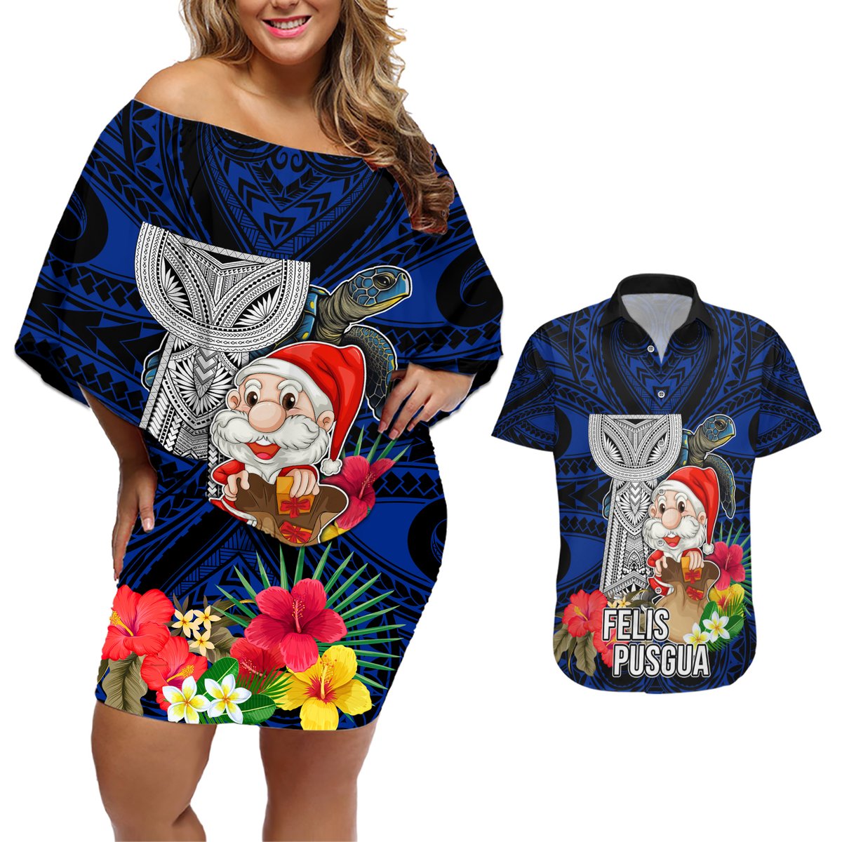 Custom Guam Christmas Couples Matching Off Shoulder Short Dress and Hawaiian Shirt Santa Gift Latte Stone and Sea Turle Mix Hibiscus Chamorro Blue Style LT03 Blue - Polynesian Pride